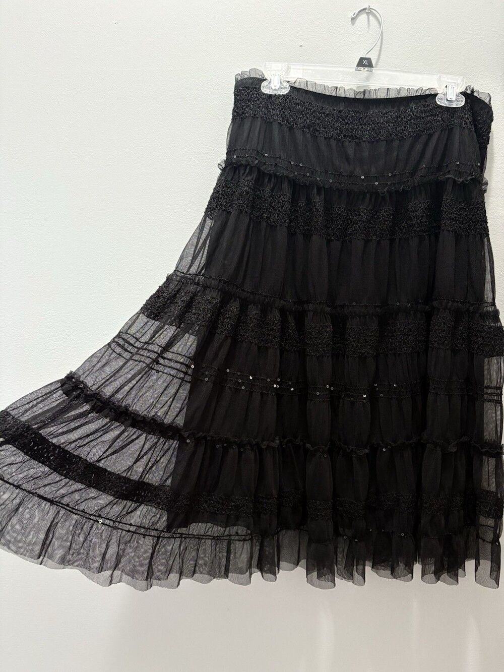 Black Lace Tiered Skirt Size L Sequin Mesh Fairy Grunge Whimsigoth Boho Witchy